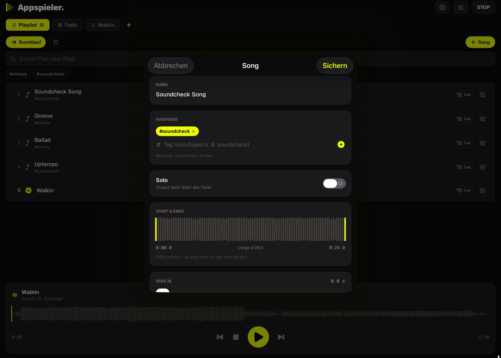 Song-Einstellungen mit Trim-Griffen in der Waveform
