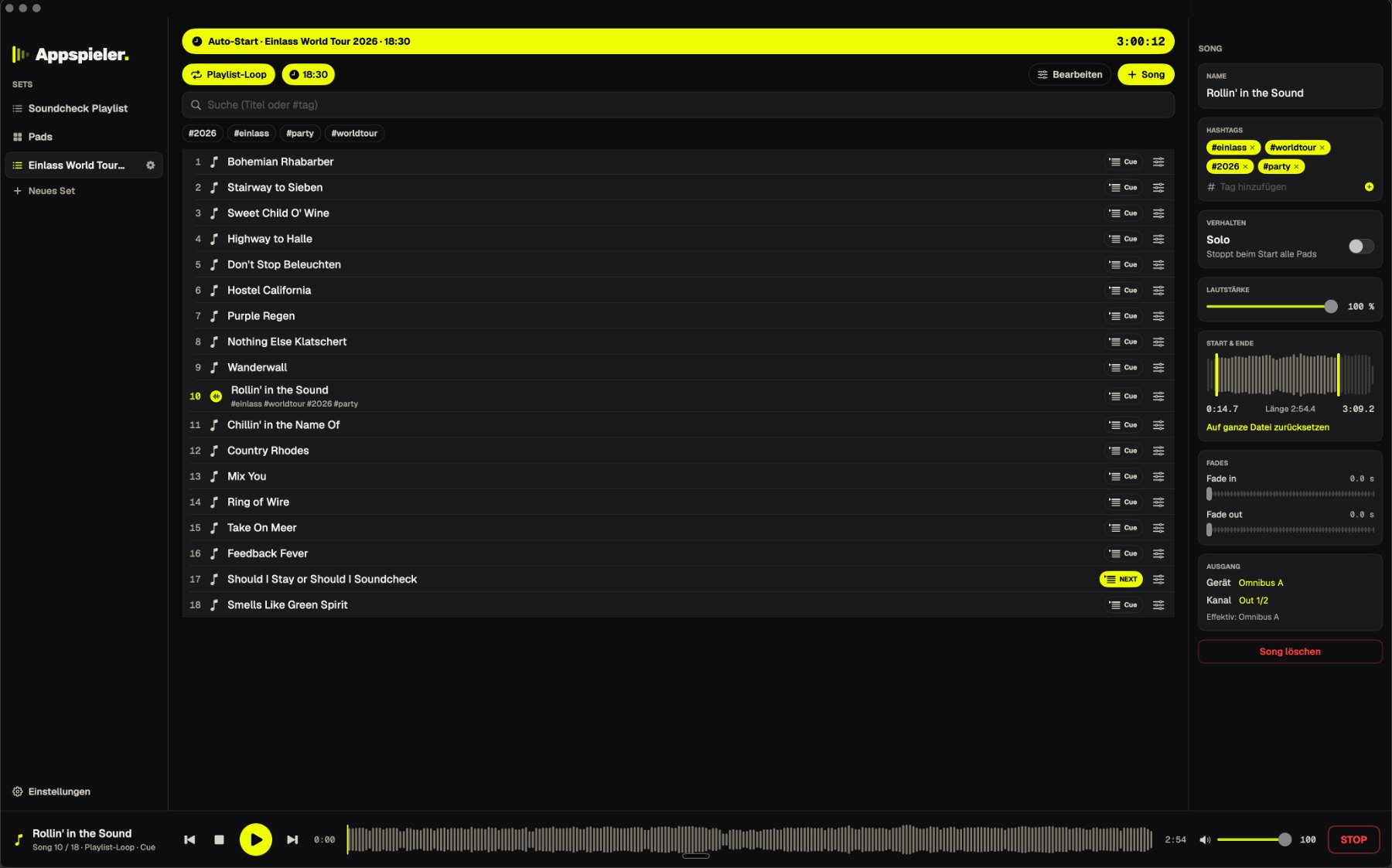 Playlist mit Auto-Start-Banner und vorgemerktem Song (NEXT)