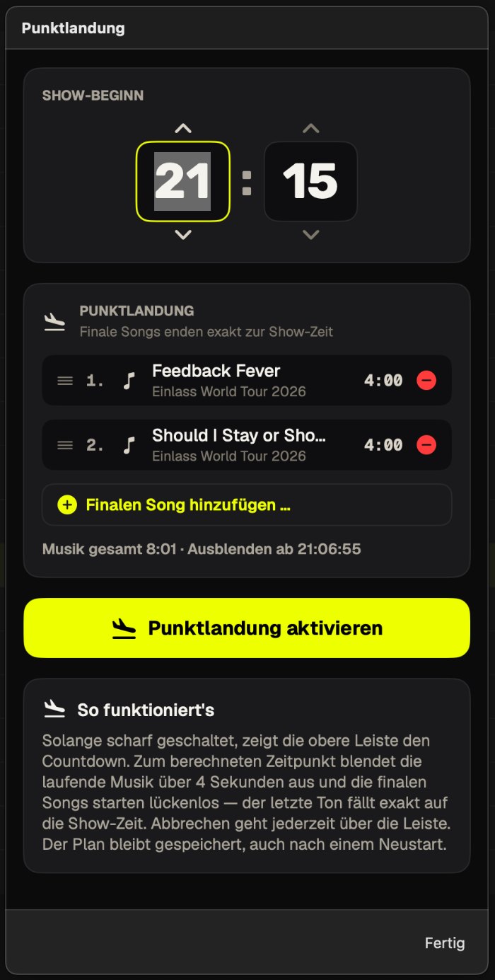 Show-Beginn und finale Songs